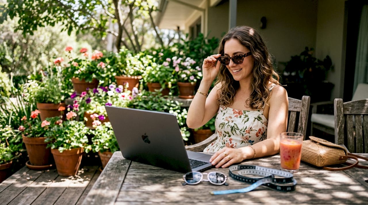 Woman browsing sunglasses online on balcony