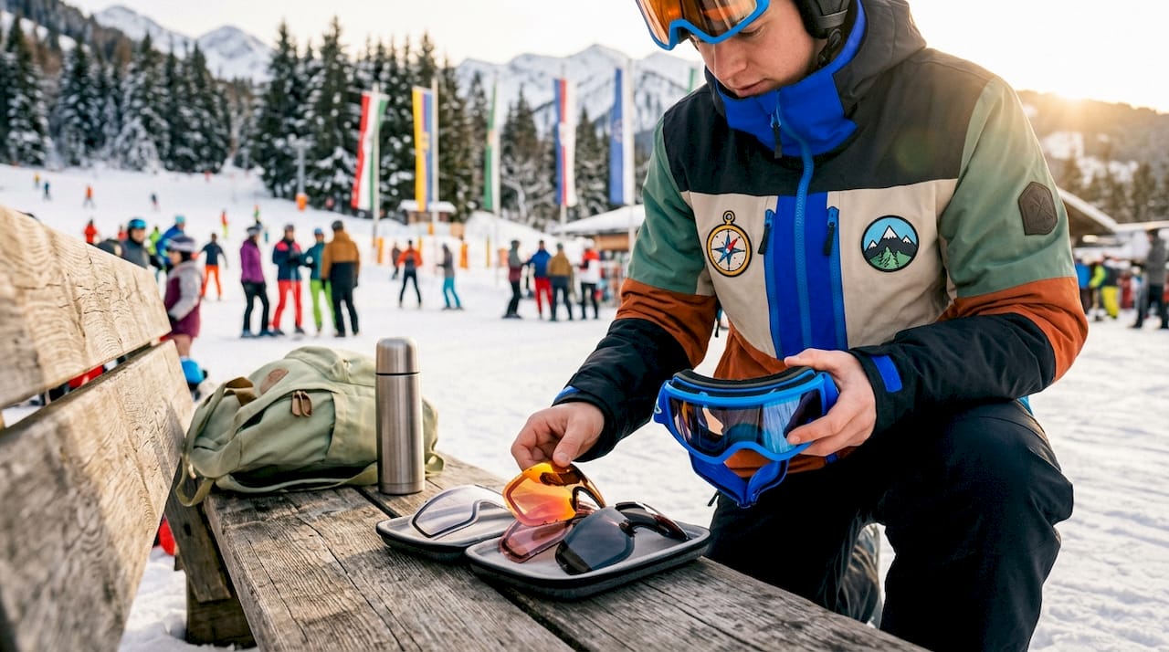 Person outdoors changing ski goggle lenses at mountain base