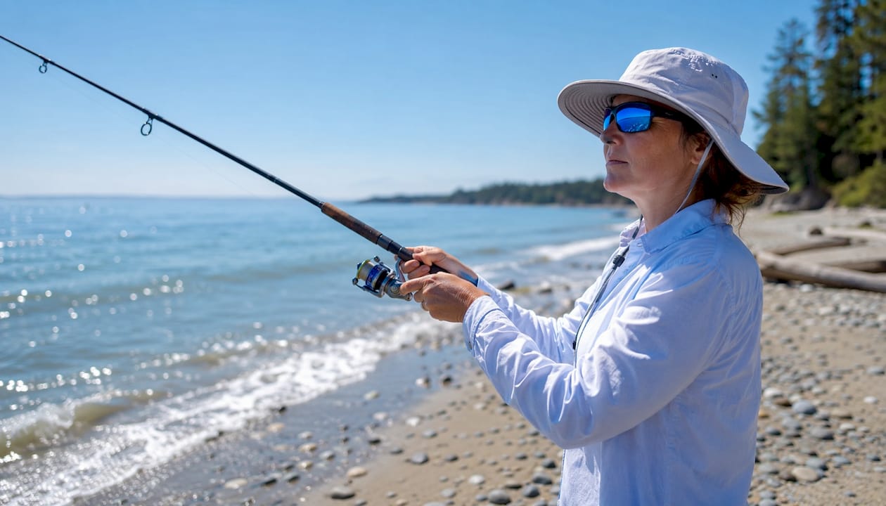 Woman fishing wearing polarized sunglasses outdoors