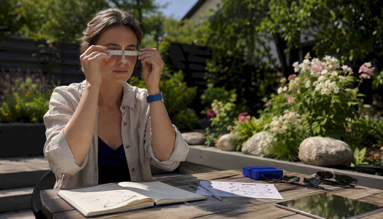 Woman measuring pupillary distance for sunglasses