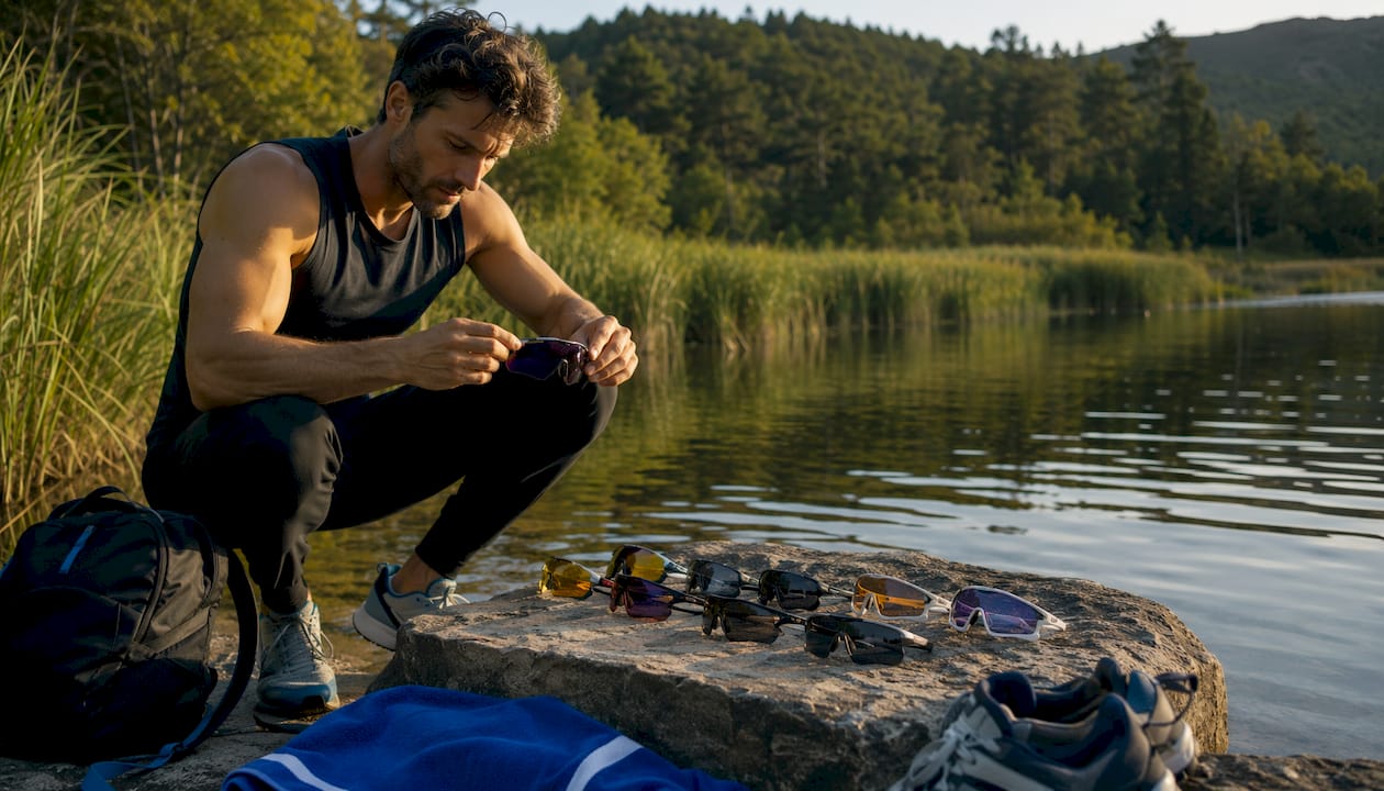 Athlete testing sports sunglasses outdoors