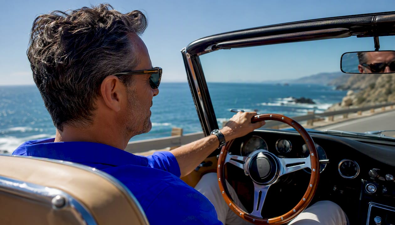 Driver wearing polarized sunglasses in car