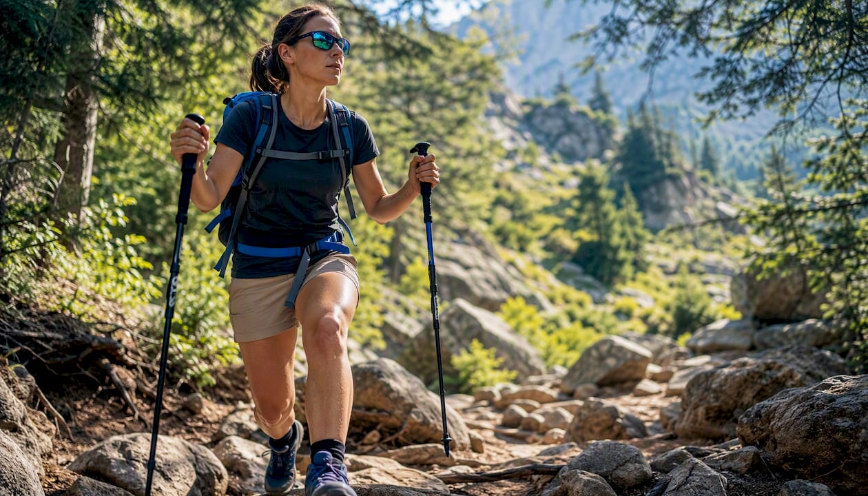 Trail hiker wearing polarized hiking sunglasses