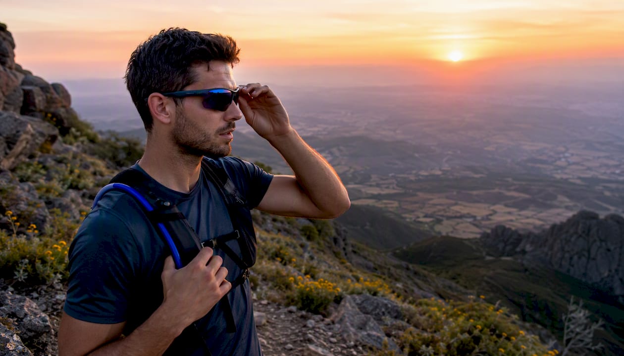 Athlete adjusting sport sunglasses outdoors