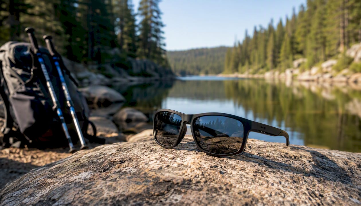 Durable sunglasses on hiking trail bench