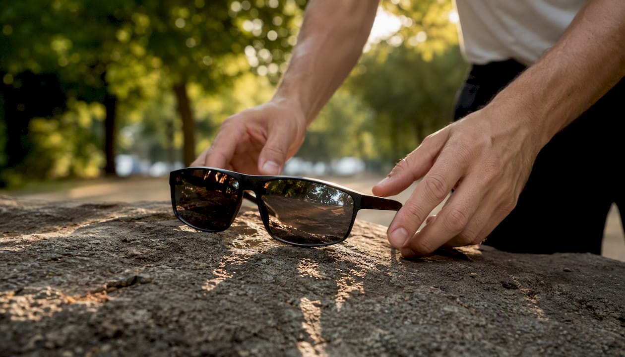 Close-up of sunglasses lens showing UV protection