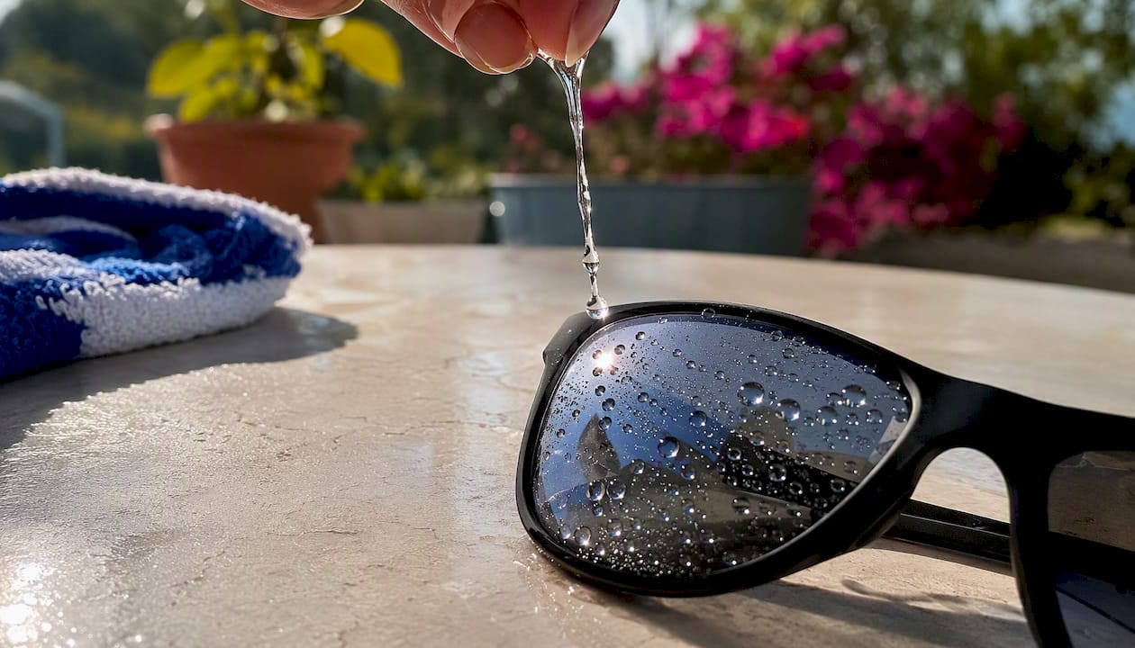 Sunglasses lens with water droplets beading