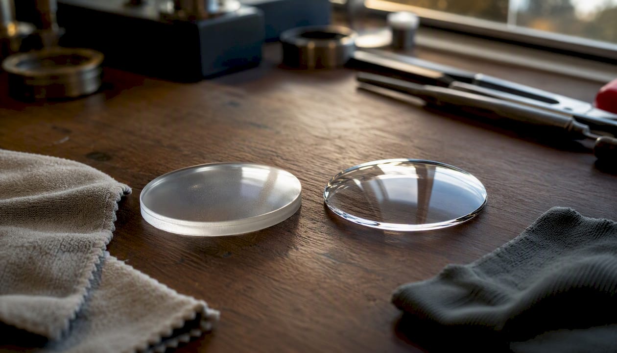 Close-up of polycarbonate and glass lenses side by side