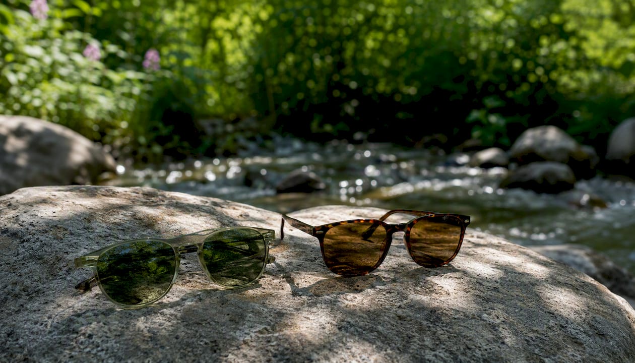 Green and brown tinted sunglasses on rock outdoors