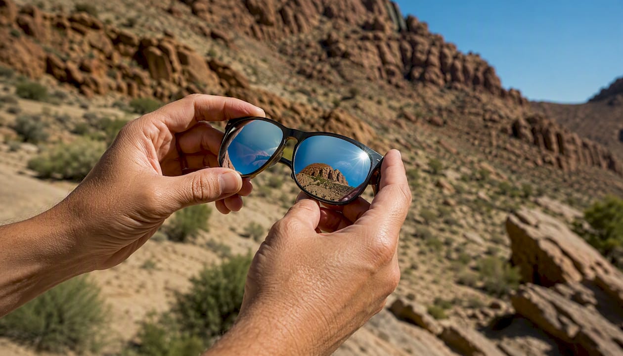 Mirrored sunglasses lens reflecting bright desert sun