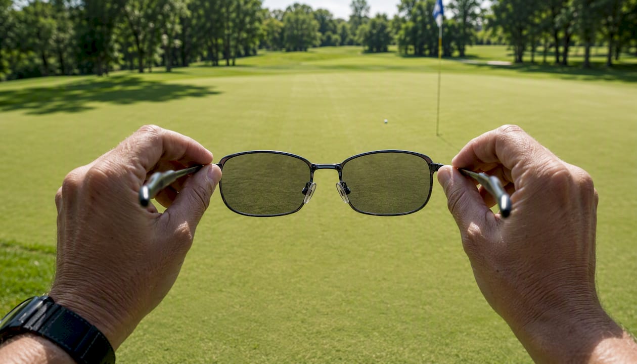 Golf sunglasses held over green for reading