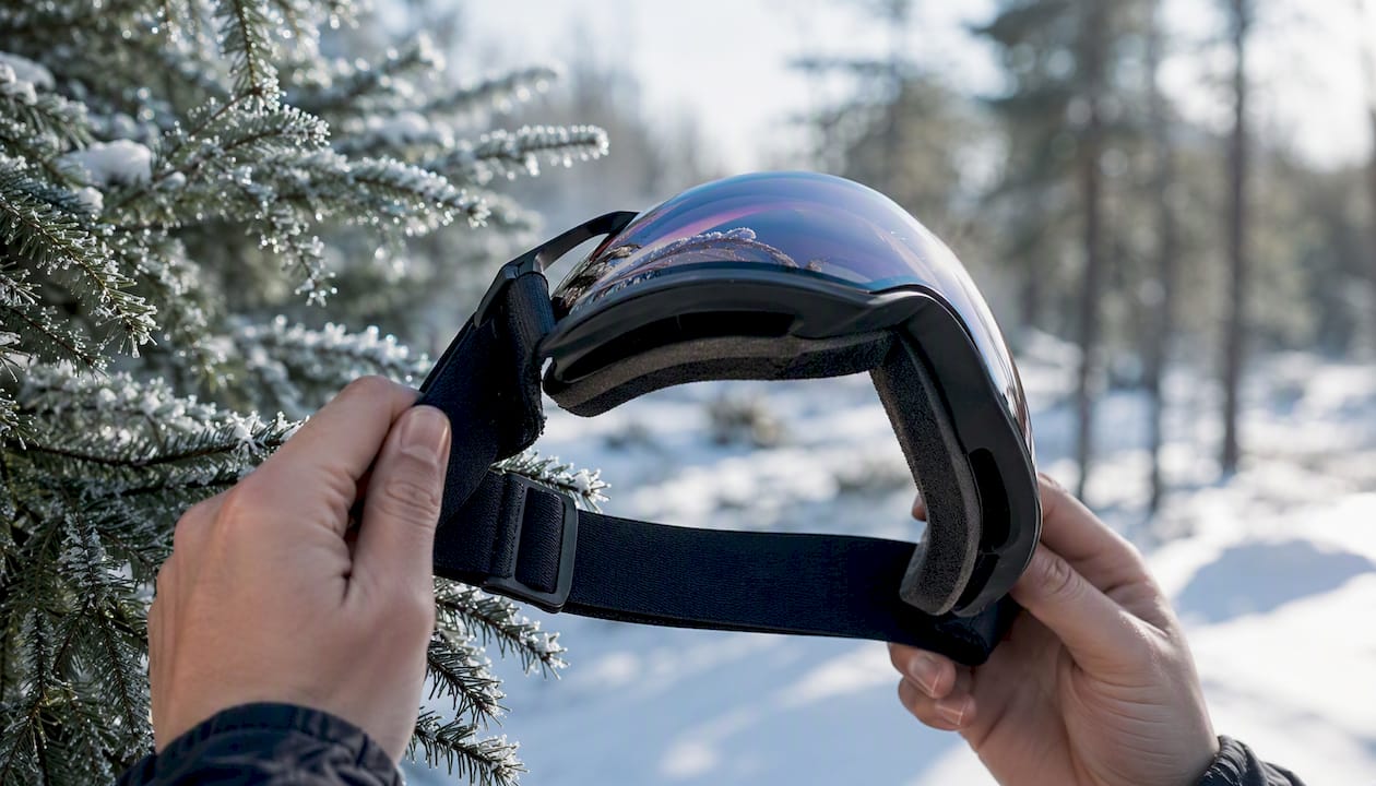 Hands adjusting snow goggles lens curve outdoors