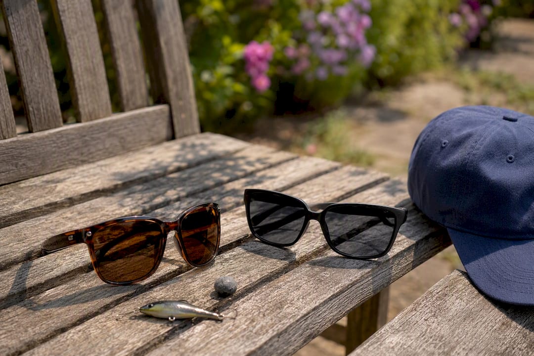 Brown and gray lens sunglasses on picnic table