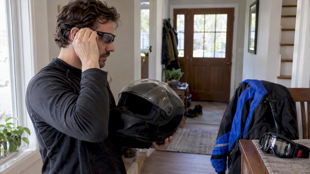 Rider checking glasses with a motorcycle helmet