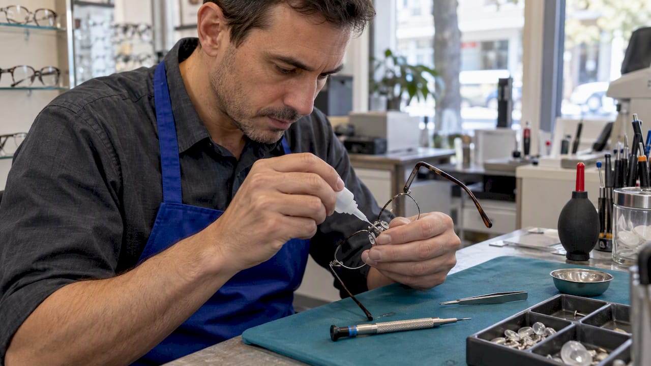 Optician treating a stuck nose-pad screw