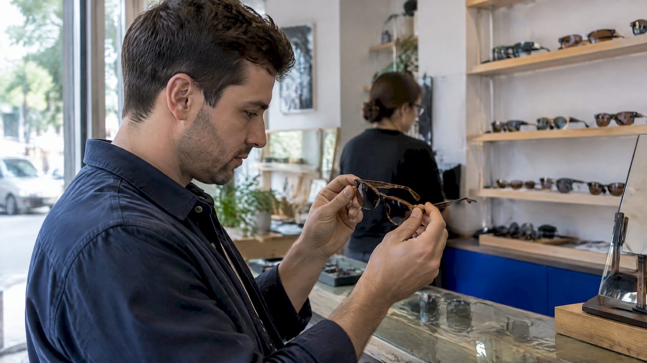 Customer inspecting sunglasses in an eyewear shop