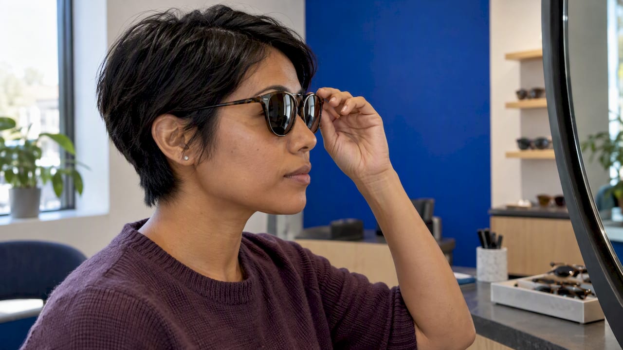 Woman checking sunglasses fit in profile